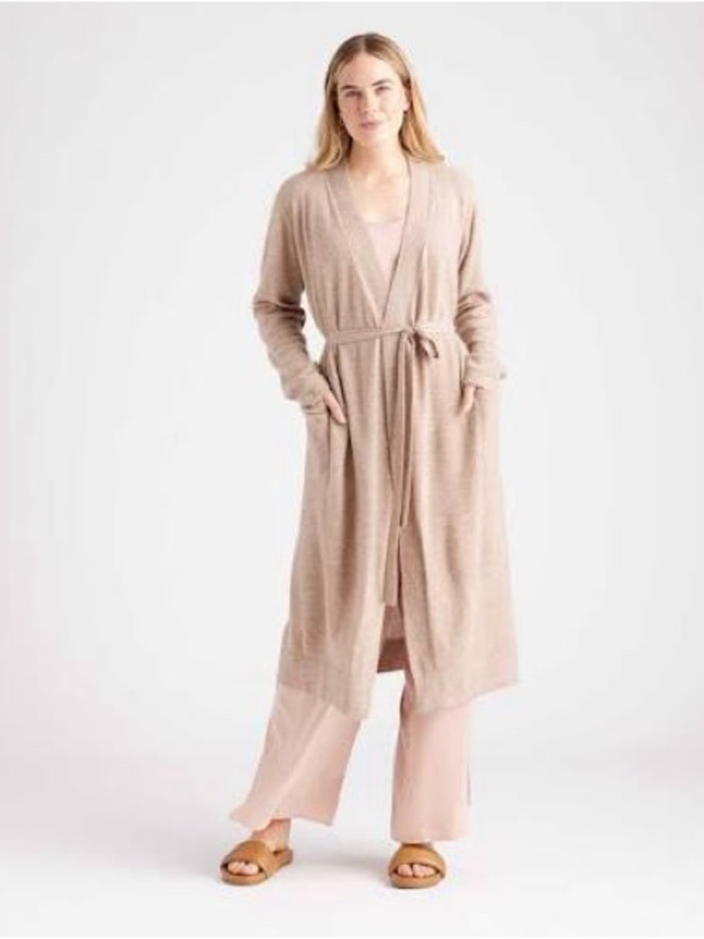 NWT Quince 100% Cashmere Long Open-Front Robe Cardigan with belt Light Taupe S
